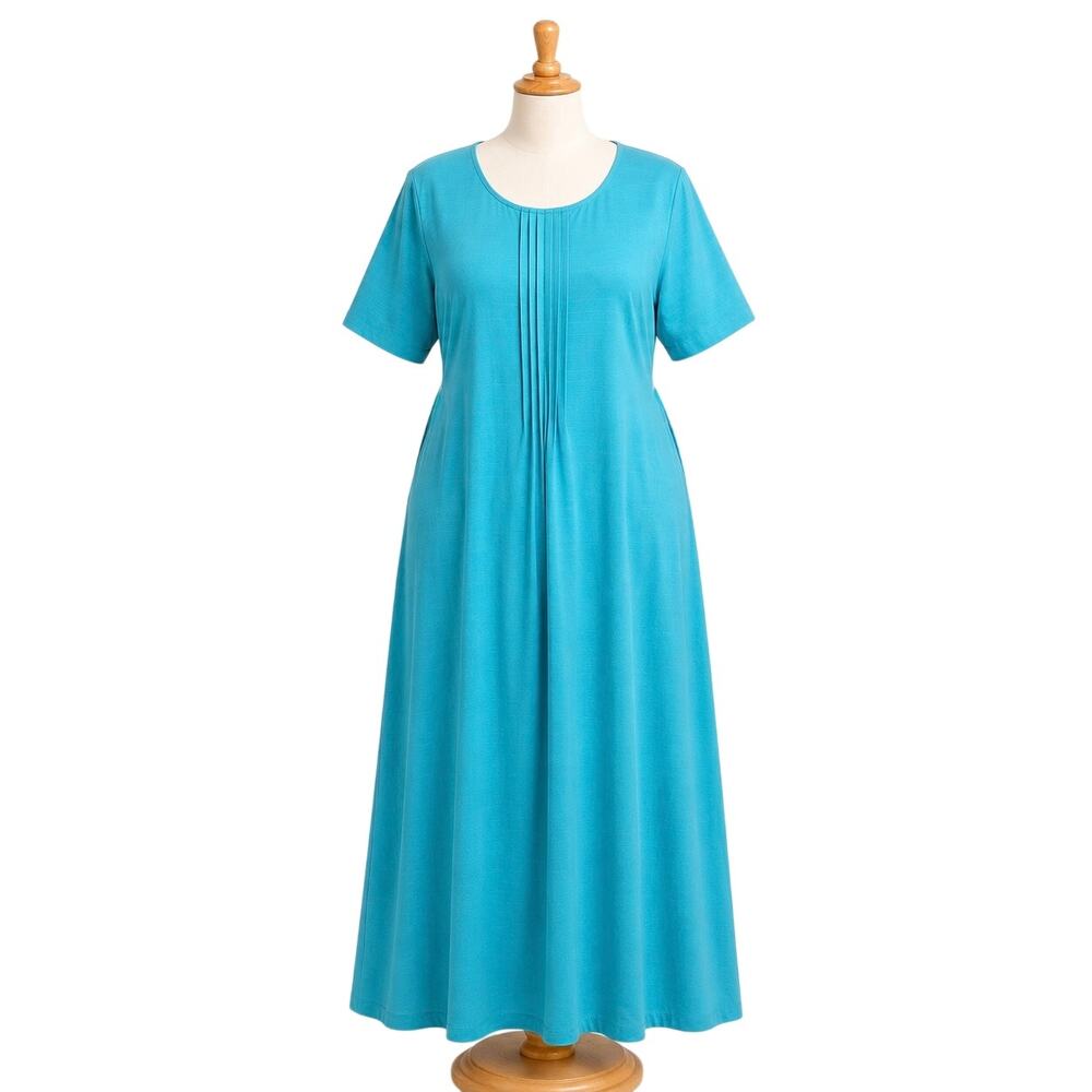 The Vermont Country Store Turquoise Maxi Dress Sz. 2X Pleated‎ Tie Back Cottage